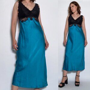 Vintage Y2K Teal Real SILK & Black Lace Maxi Lingerie Slip Dress! Medium Large